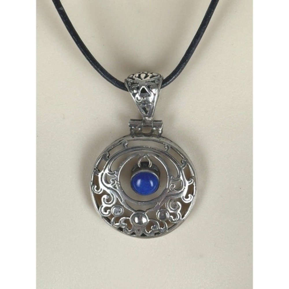 Indian Pendant Necklace Blue Gemstone Silver Tone Black Cord‎